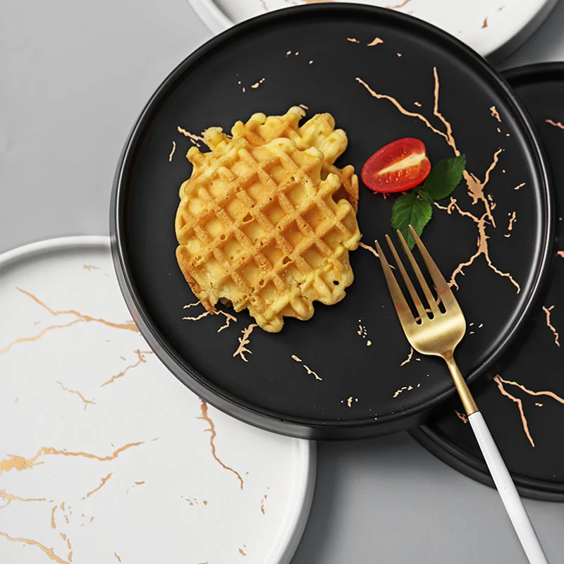

Dish Dinnerware Gold Inlay Ceramic Dinner Plate Marble Tableware Unique Matte Black and White Dinnerware Set High End Plate