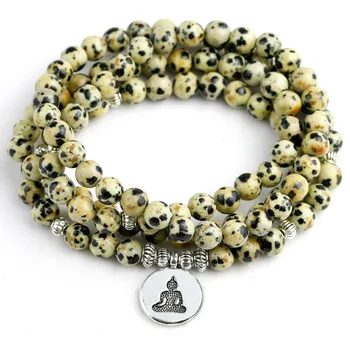

Yoga Wrist 108 Mala Beads Bracelet Chakra Bracelets for Unisex Lotus Buddha Charms Natural Dalmatian Stone Women Men Jewelry