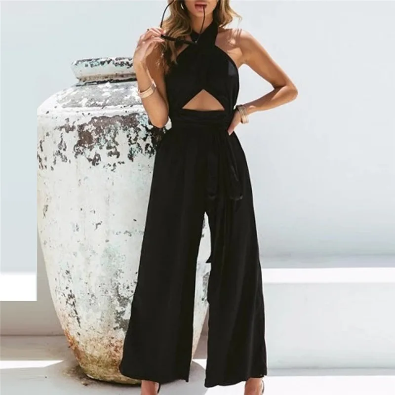 

New Fashion Women Holiday Wide Leg Pants Long Jumpsuit Backless Strappy Playsuit Women Overalls Jumpsuit Romper Women FD