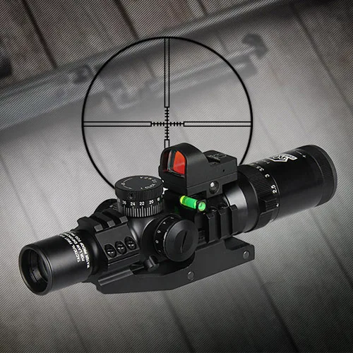 

Canis Latrans 1-4x24 IRF Rifle Scope + 2MOA 1X Mini Red Dot Sight+Riflescope Bubble Level+30MM Double Scope Mount OS1-0292