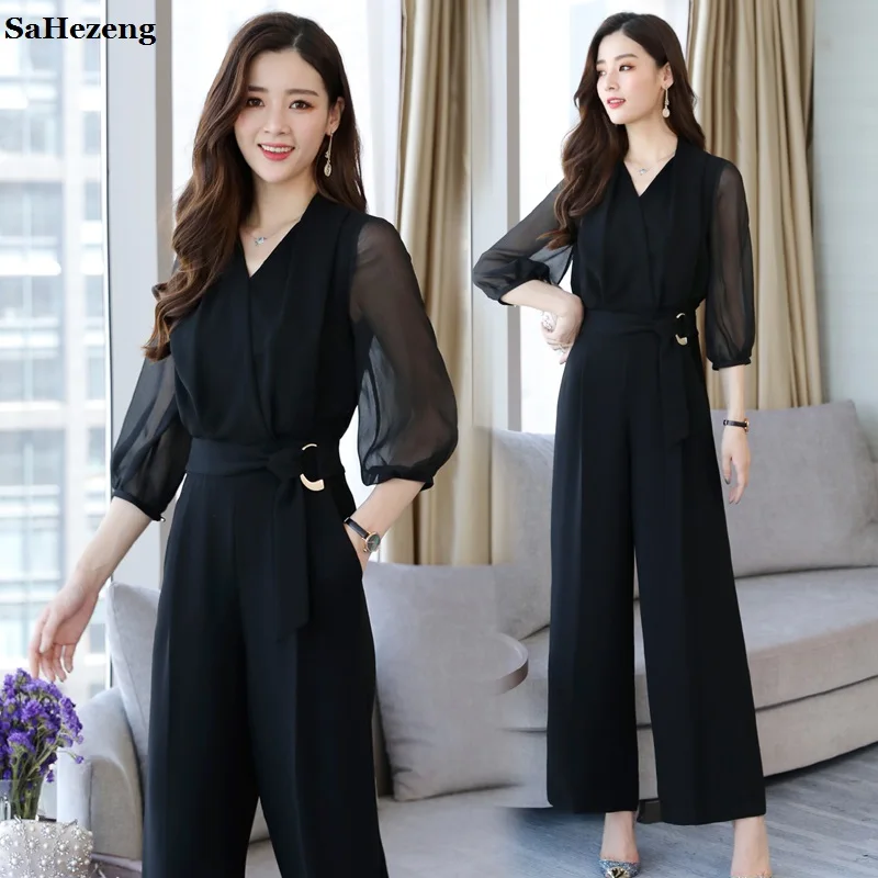 

Elegant Ladies Jumpsuits V-neck 2018 Summer Women Sets One Pieces Fashion Chiffon Party Sashes Black Wide Leg Jumpsuits A049-4