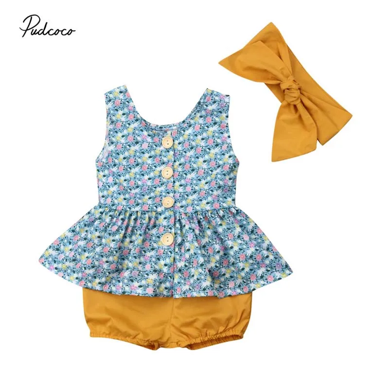 

2019 Brand Boho Toddler Kid Baby Girl Clothes Ruffle Sleeveless Tops Dress Lace Shorts Headband Outfit Set Sunsuit Holiday 3Pcs
