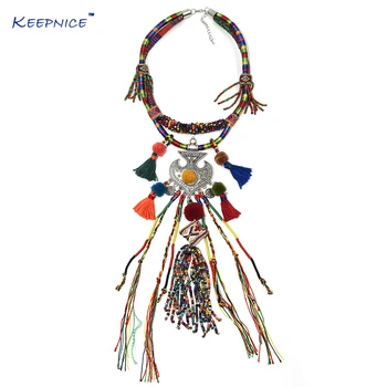 

Clothing Accessories Bohemian Boho Ethnic Beaded Tassel Choker Necklace Handmade Colorful Beads Long Fringe Pendants Necklace