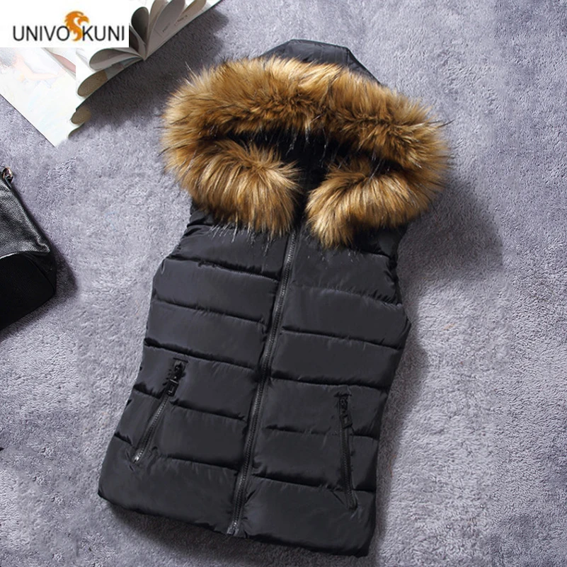

UNIVOS KUNI 2019 Women Warm Vest Wild Casual Street Fur Collar Cotton Solid Color Thick Winter Big Size 2XL Q6051