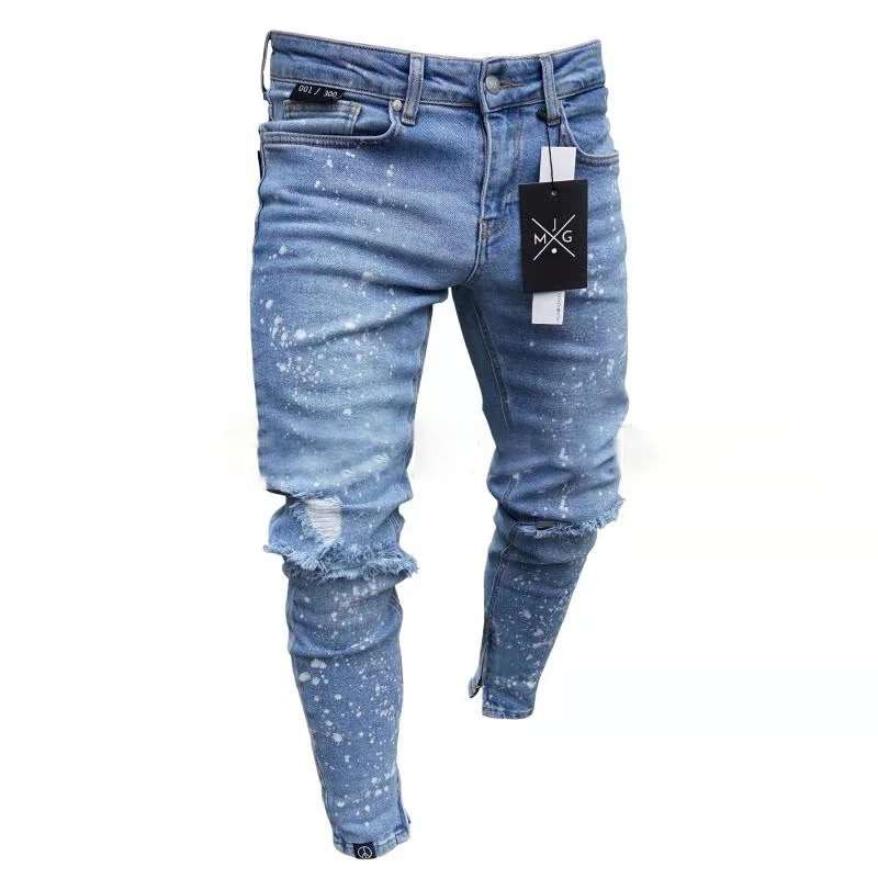 

Men Stretchy Ripped Skinny Biker Embroidery Print Jeans white spots Hole Taped Slim Fit Denim High Quality Jean