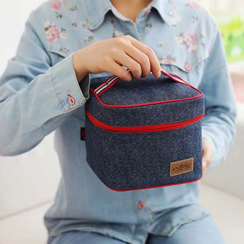 Jeans Thermal Lunch Insulation Bag Shoulder Strap Picnic Bag Roll Lunch