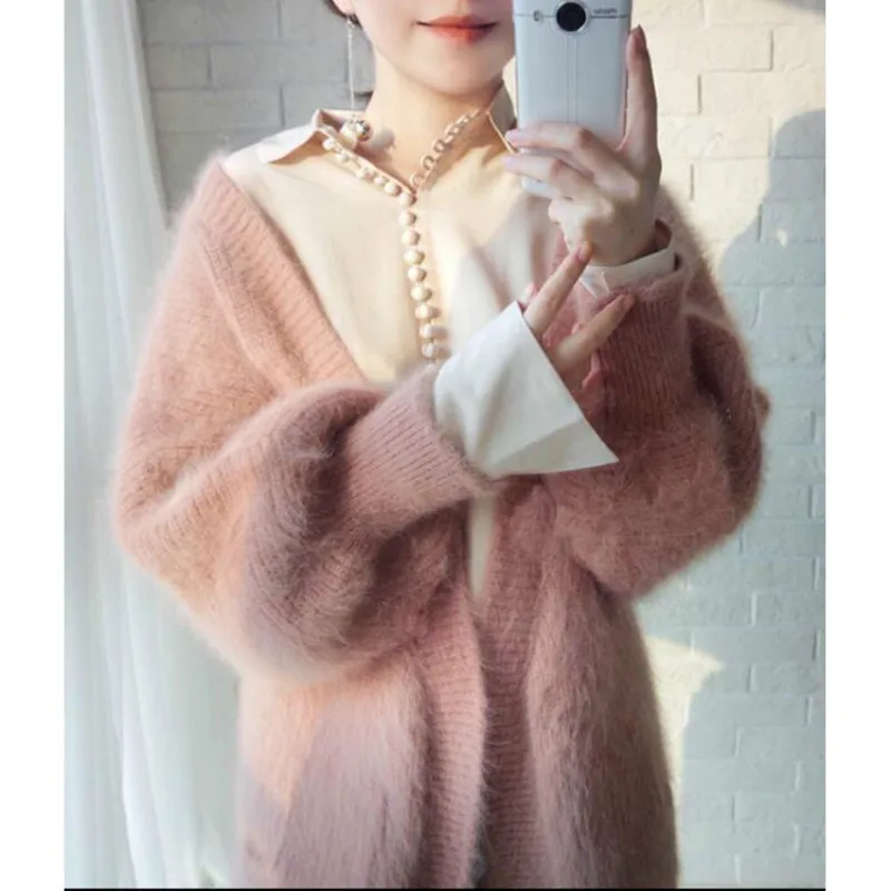 

Thickened Faux Wool Long Hair V-neck Knitted Cardigan Long Lantern Sleeved Imitation Velvet Sweater Coat Tops Oversized Sweater