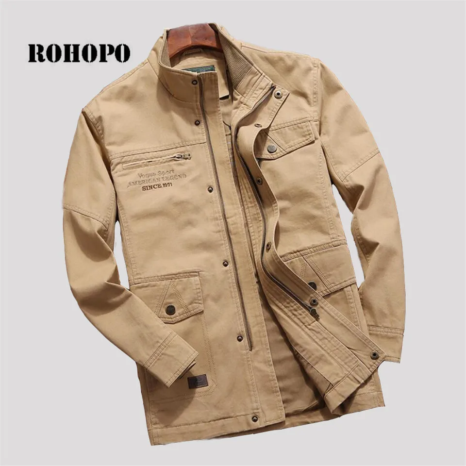 ROHOPO куртка Хлопковая мужская 5XL 6XL хлопок средняя длина карманы куртка пальто Miltar промытая вода хлопковая Куртка карго пальто - Цвет: Хаки