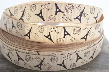 

50yards 1'' (25mm-26mm) light brown printed grosgrain ribbon Eiffel Tower style ribbon gift wrap ribbon