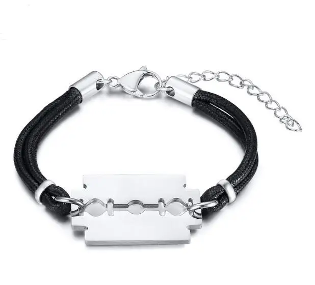 

Stainless Steel Black Leather Chain Bracelet razor blade Charm Bangle 17.5cm+5cm