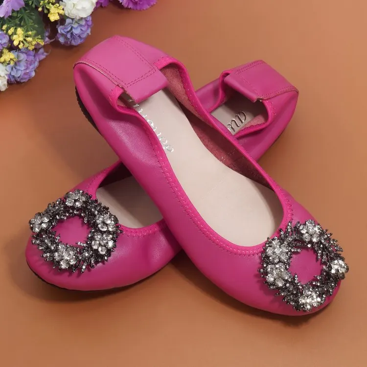 Plus Size 34-43 Ladies Flat Shoes Fashion Bling Rhinestone Women Flats Casual Genuine Leather Ballet Flats Fold Up Gold Shoes (16)