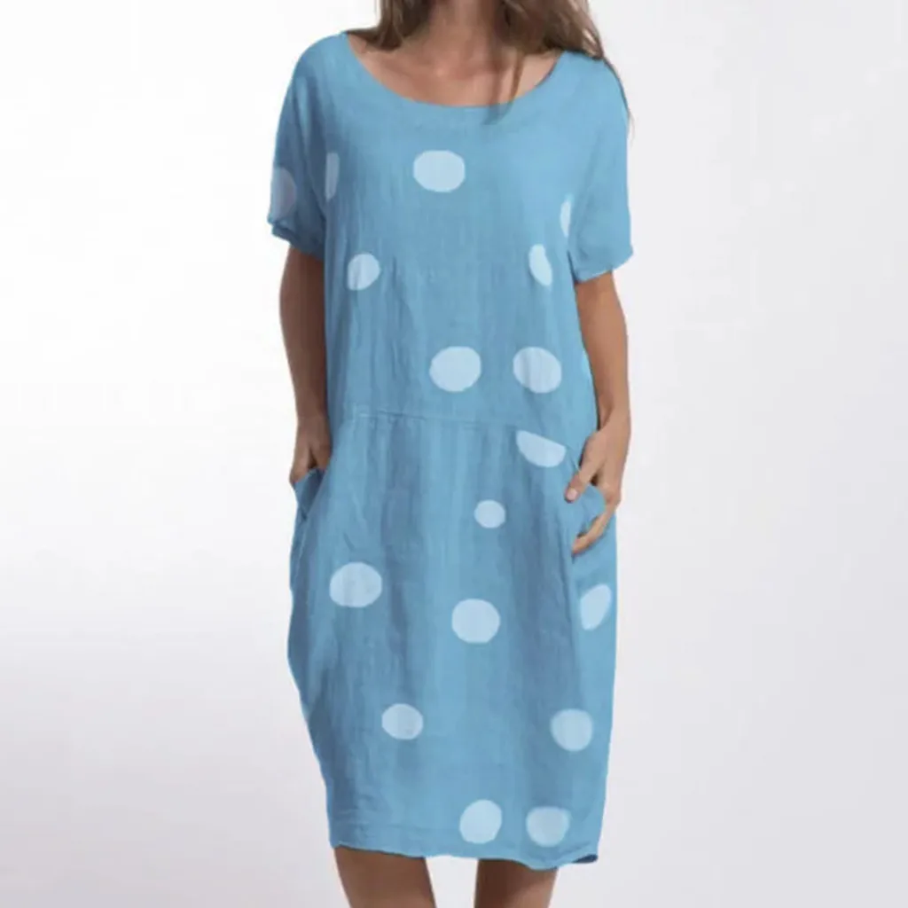 

Dress Female Lady Polka Dot Loose Sundress Casual Big Pocket Cotton High Waist Line Comfortable Home Dresses Cheap #BL2