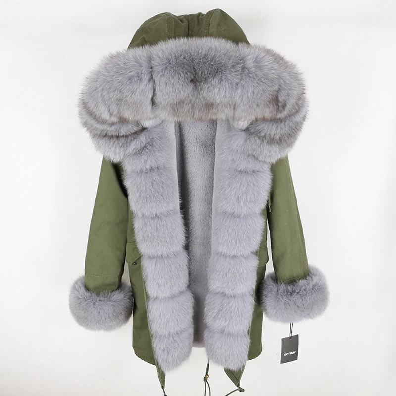 OFTBUY новая зимняя куртка для женщин, пальто из натурального меха, Воротник из натурального Лисьего меха, длинная парка, Большая Меховая верхняя одежда, съемная уличная одежда - Цвет: green grey