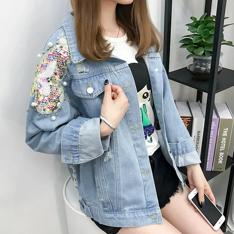 New arrival Korean Style women basic denim jacket fashion sequins and