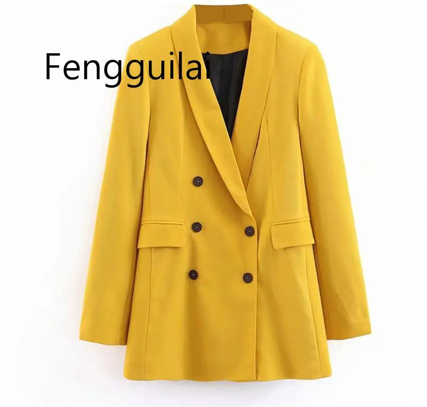 2019 Women Double Breasted Long Blazers Office Lady Small Suit Jacket Ladies Leisure Yellow Blazer Loose Coat Streetwear
