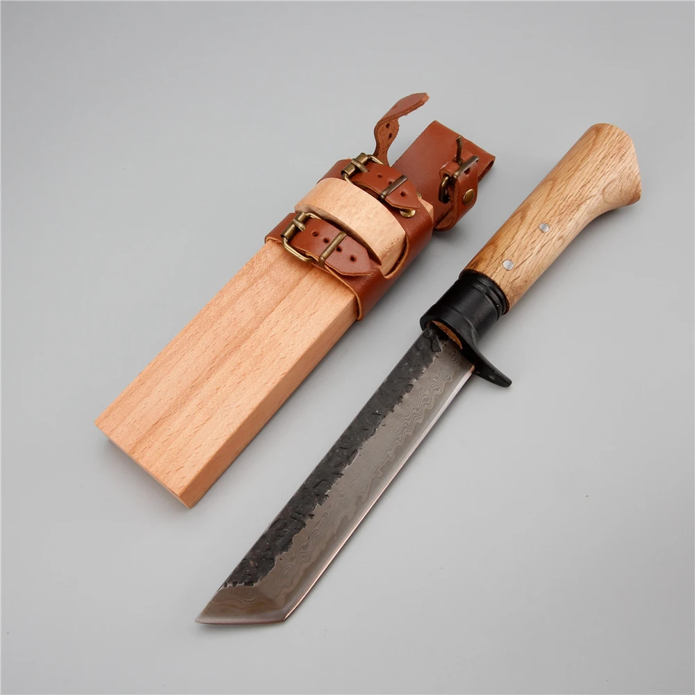 Damascus steel hunting knife wood handle wood sheath can wear outdoor forest machete carpentry camping survival lightweigh knife