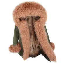 Для женщин настоящая монгольской Овцы меховой капюшон, воротник манжеты из натурального меха, пальто Длинная парка зимняя куртка с натуральным лисьим мехом класса люкс