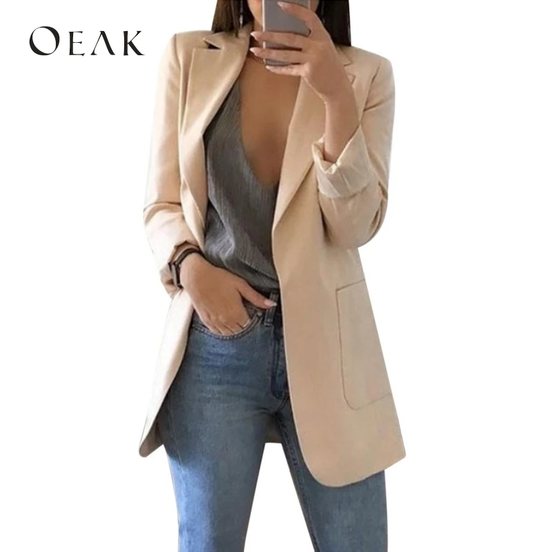 

Oeak 2019 Spring Summer Women's Open Front Slim Fit Work Office Cardigan Blazer Female Long Sleeve Coat Outwear with Pocket