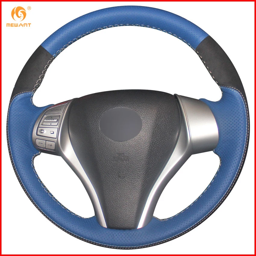 Blue Genuine Leather Black Suede Car Steering Wheel Cover for Nissan