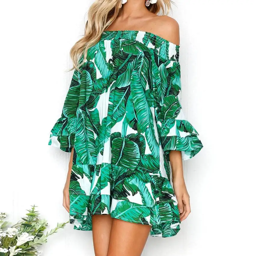 Женское зеленое платье с принтом листьев, сексуальные платья с открытыми плечами и оборками, рукав три четверти, свободное пляжное платье# BF