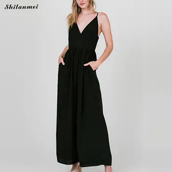 

Summer Loose Cotton Pocket Deep V Neck Wide Leg Jumpsuits For Women 2019 Strappy Casual Ladies Vacation Sexy Elegant Jumpsuits