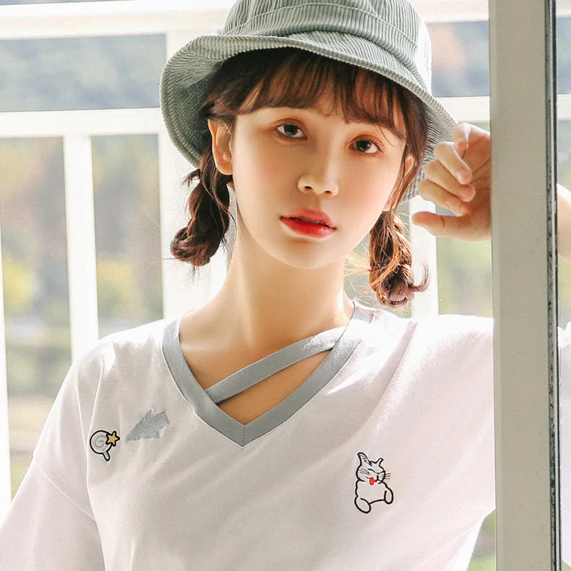 Женская летняя футболка в японском стиле панк Kawaii Ulzzang Корейская с вышивкой