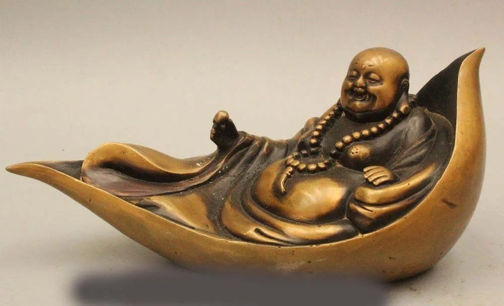 

5" Chinese Buddhism Copper Seat Happy Laugh Maitreya Buddha Statue Sculpture