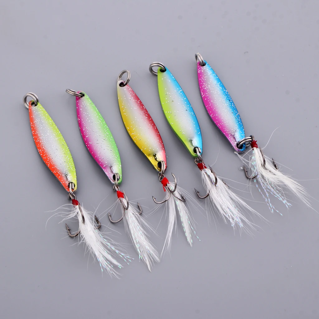 5pcs Spoons Hard Fishing Lures Treble Hook Salmon Bass Metal Fishing Baits Mixed Color 5g/8g/14g/17g