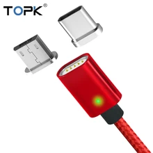 Магнитный кабель Micro USB TOPK F-Line и кабель usb type-C для синхронизации данных, светодиодный кабель с нейлоновой оплеткой и магнитным индикатором для зарядного устройства USB C