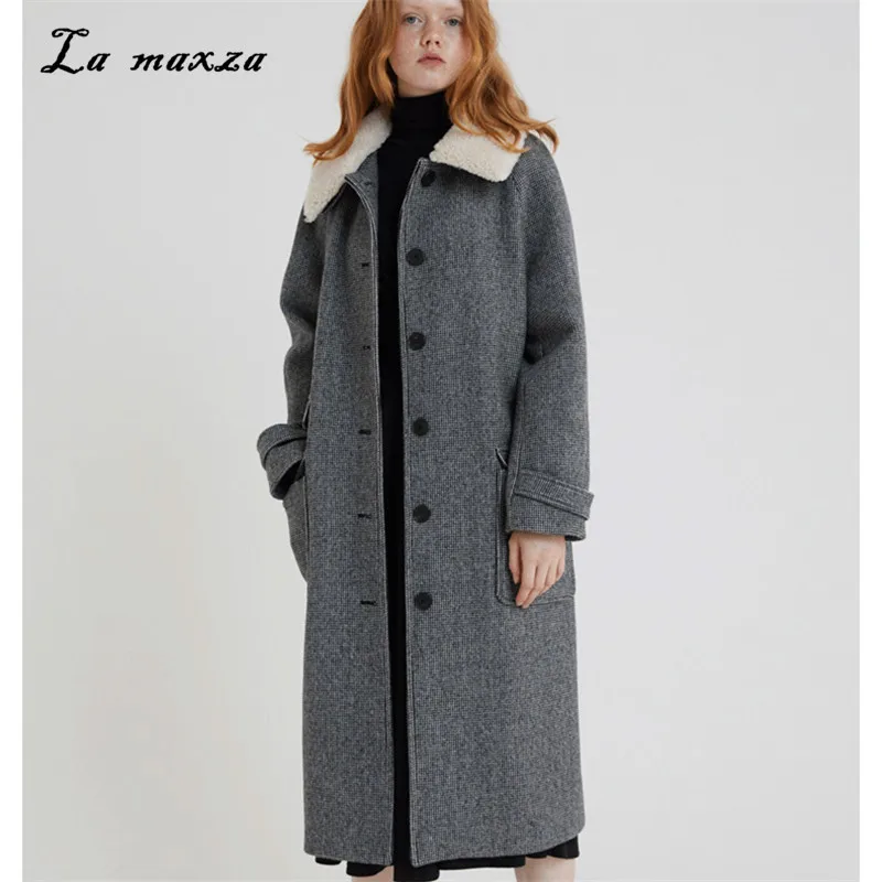 

Winter Coat Women Wool Long Plaid Coat 2018 Vintage Fashion Korean Ladies Coats 2XL Plus Size