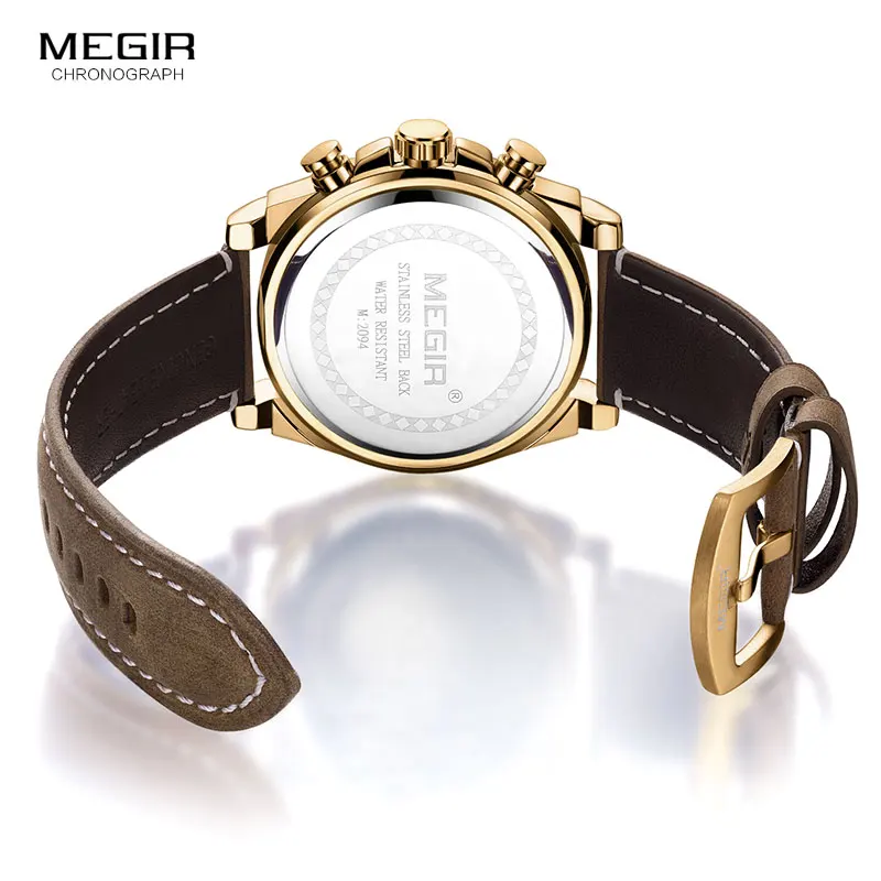 MEGIR Men's Leather Strap Quartz Watches Waterproof Luminous Army Sports Chronograph Wristwatch Man Relogios Clock 2094 Gold images - 6