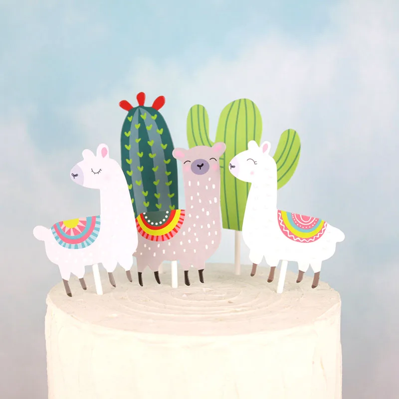 Cactus Alpaca Llamas Cake Topper Cupcake Toppers Summer Jungle Party Cake Decoration Cake Flags Party Supplies