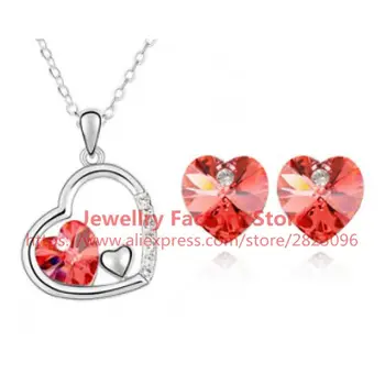 

300pcs/lot fashion love heart peach heart lady necklace color crystal rhinestone jewelry set earrings necklace jewelry wholesale