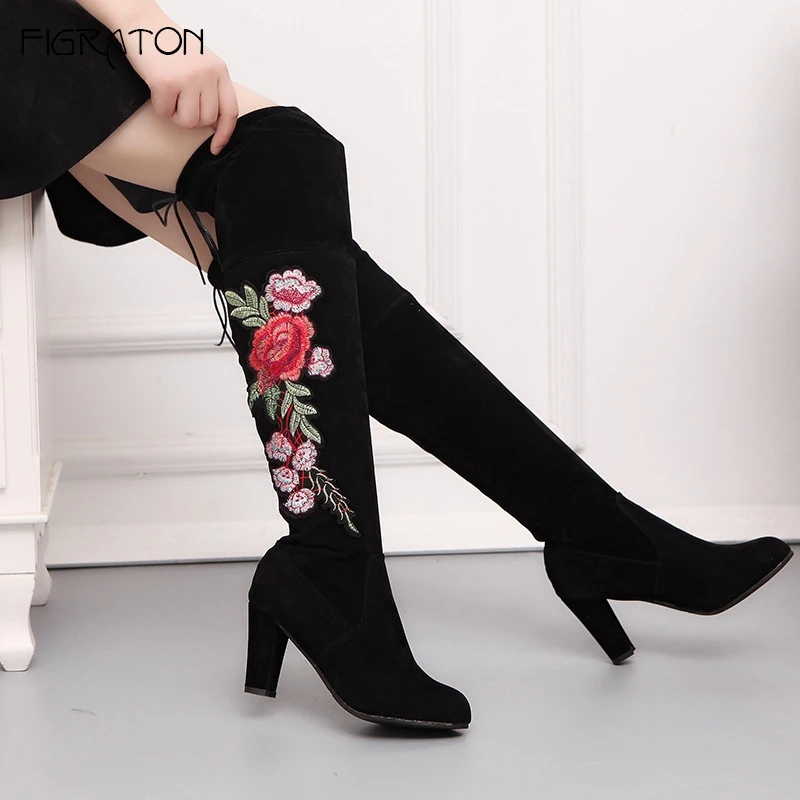 

Figraton Women's Thigh High Boots Autumn Winter Plus Size Woman Shoes Over-The-Knee Slip-On Flock Embroider Square High Heels
