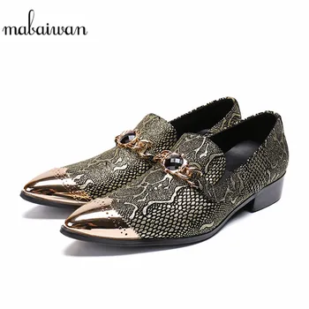 

Mabaiwan Slip On Men Shoes Gold Metal Toe Mixed Colors Party Shoes Rhinestones Leather Men Handmade Wedding Prom Loafers Flats