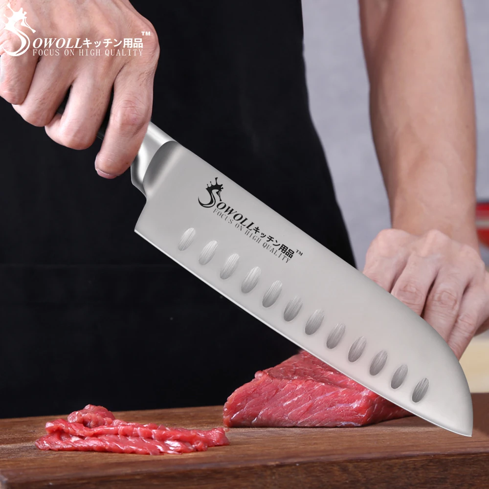 SOWOLL нож из нержавеющей стали 7 дюймов японский нож шеф-повара Santoku кухонный нож профессиональный нож для мяса кухонные инструменты для приготовления пищи