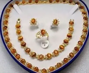 

Free shipping 18k Yellow Gold GP Inlay African Tiger's Eye Necklace Bracelet Earring Ring Set