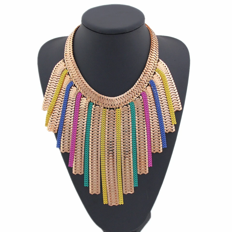 

CirGen Fashion Women Chunky Gold Color Chain Statement Choker Colorful Chain Tassels Pendant Necklace Bijoux Collar Jewelry,E13