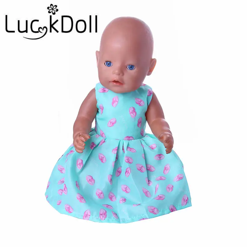 Платье трапеция LUCKDOLL с синим принтом для куклы 43 см или 18 дюймов