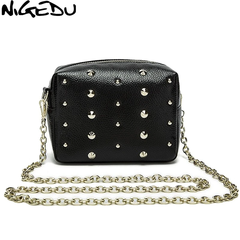 

NIGEDU bags women genuine leather Crossbody Bags Fashion rivet chain messenger bag small for ladies black bolsa Handbags 2019
