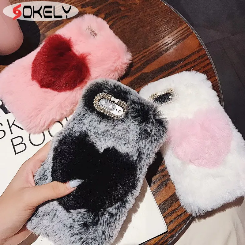 SOKELY Luxury Rabbit Plush Love phone case for iPhone X Warm Diamond 7 8 plus Cute Drop Protection Cover |