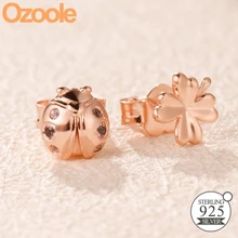 Аутентичные серьги-гвоздики из стерлингового серебра 925 пробы с розовым четырехлистным клевером Божья коровка подходящая Европейская подвеска ювелирные изделия женский подарок