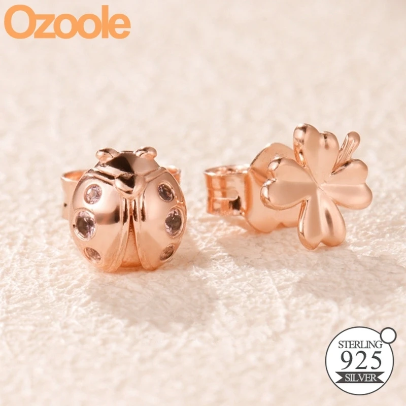 

2019 Authentic 925 Sterling Silver Rose Four-Leaf Clover Ladybird Earring Studs Fit European Charm Jewelry Women Gift