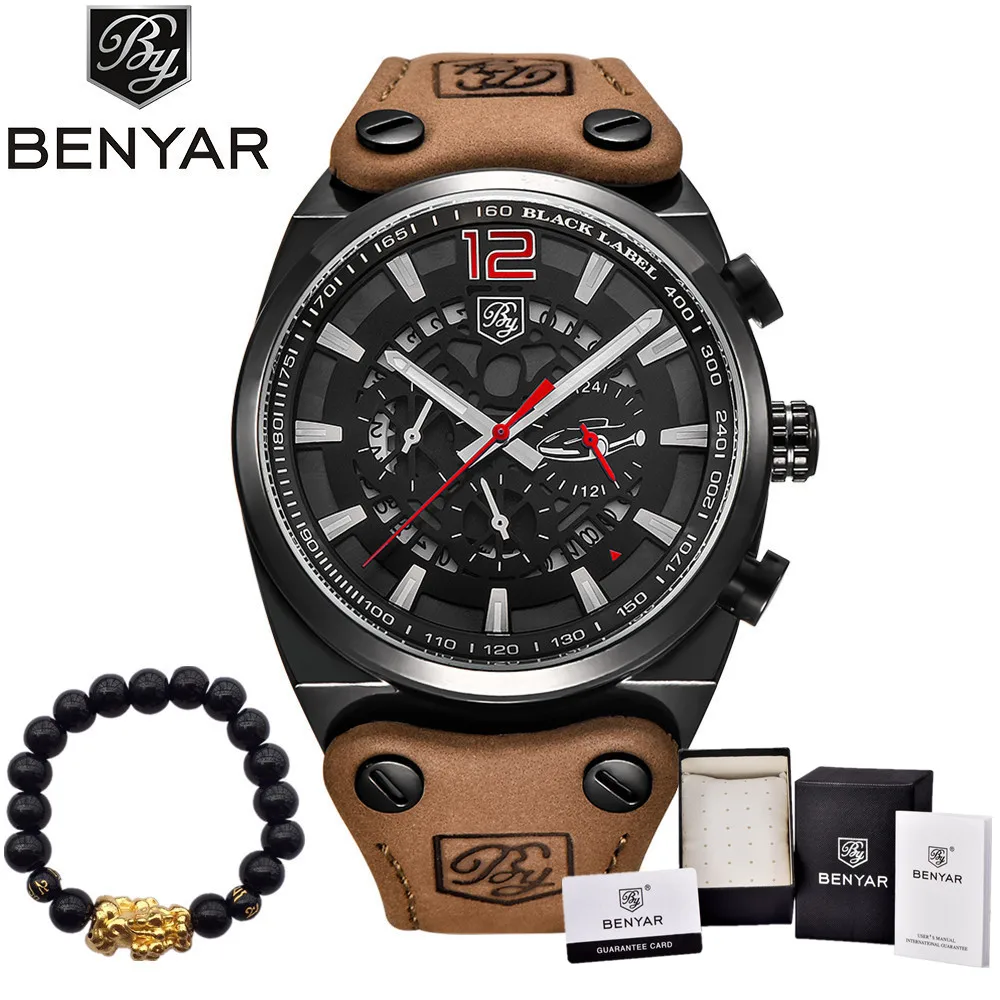 BENYAR Luxury Brand Chronograph Sport Mens font b Watches b font Fashion Military Waterproof Leather Quartz