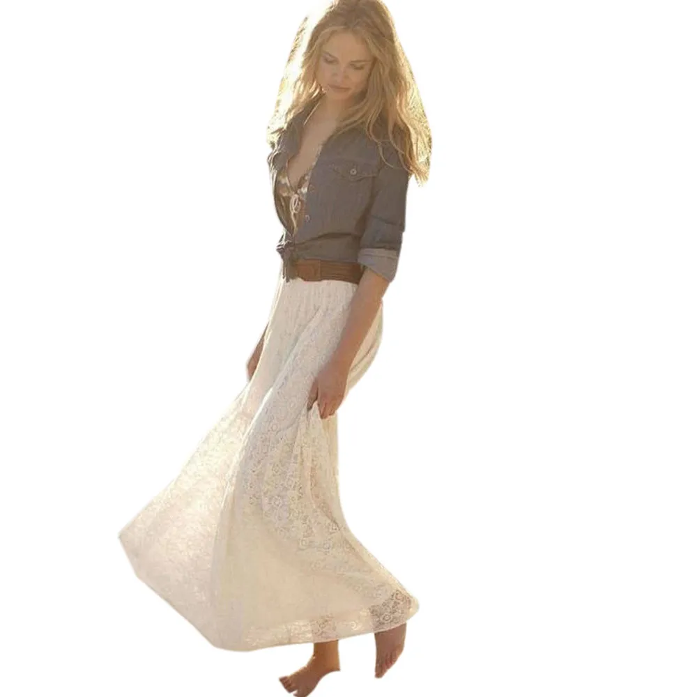 Womail Женская юбка летняя повседневная кружевная двухслойная плиссированная длинная юбка макси юбка с эластичной резинкой на талии Повседневная Прямая поставка f9