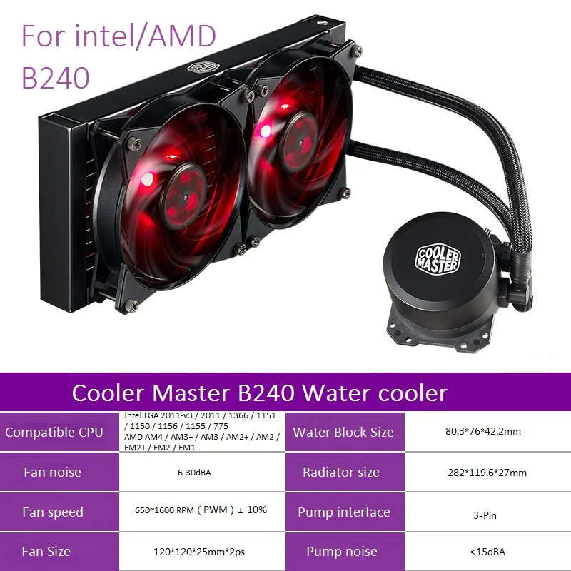 Кулер Cooler Master B120 B240 CPU кулер для воды 120 мм красный светодиод тихий вентилятор для Intel 1155 1156 2011 2066 AMD AM4 AM3 CPU жидкостное охлаждение - Цвет лезвия: B240