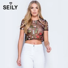 Seily Sexy Sheer See Through Mesh Crop Top Black Flower Embroidery T Shirt Women Short Sleeve Semi Transparent Club Tops Tees fleece dot applique semi sheer top