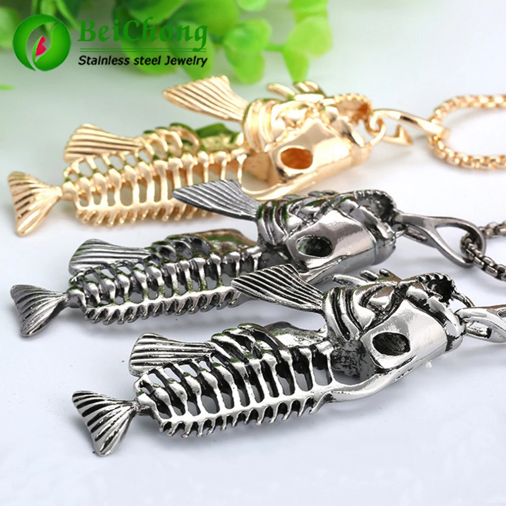 Gold Fish Bone Necklace Men Fishing Hook Pendants Necklaces Punk 316L