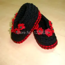 Черно-красная Детская обувь на Рождество-обувь для девочек-вязанная крючком обувь-вязаные пинетки-зима