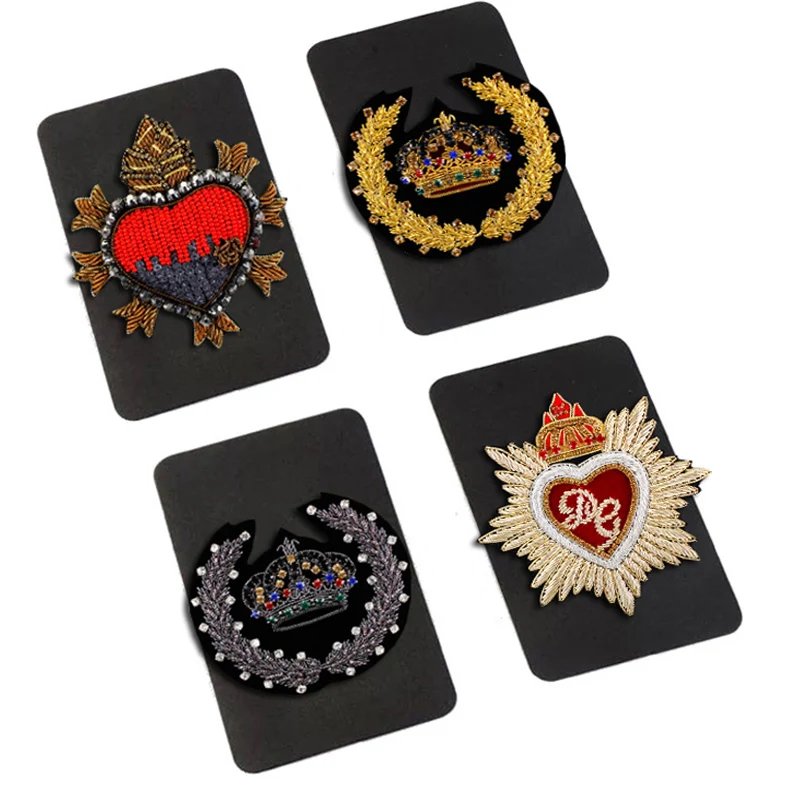

Advanced silk Crown metal spring patch hand embroidery Golden Crown Heart crown cloth patch copper bead embroidery applique